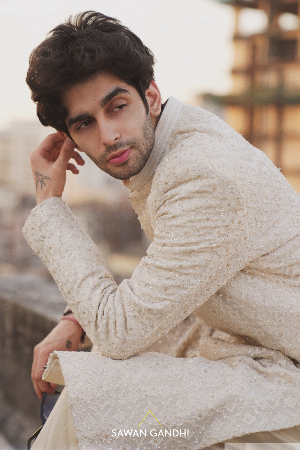 Neel Dewan in Light beige chikankari sherwani