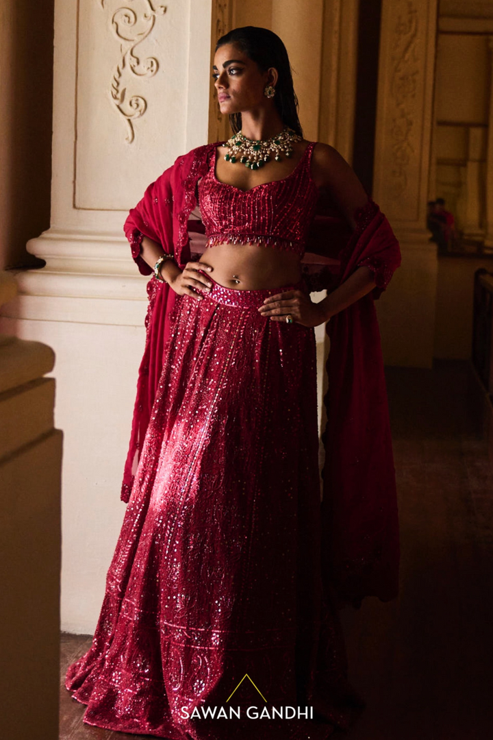 CRIMSON CHICKANKARI LEHENGA