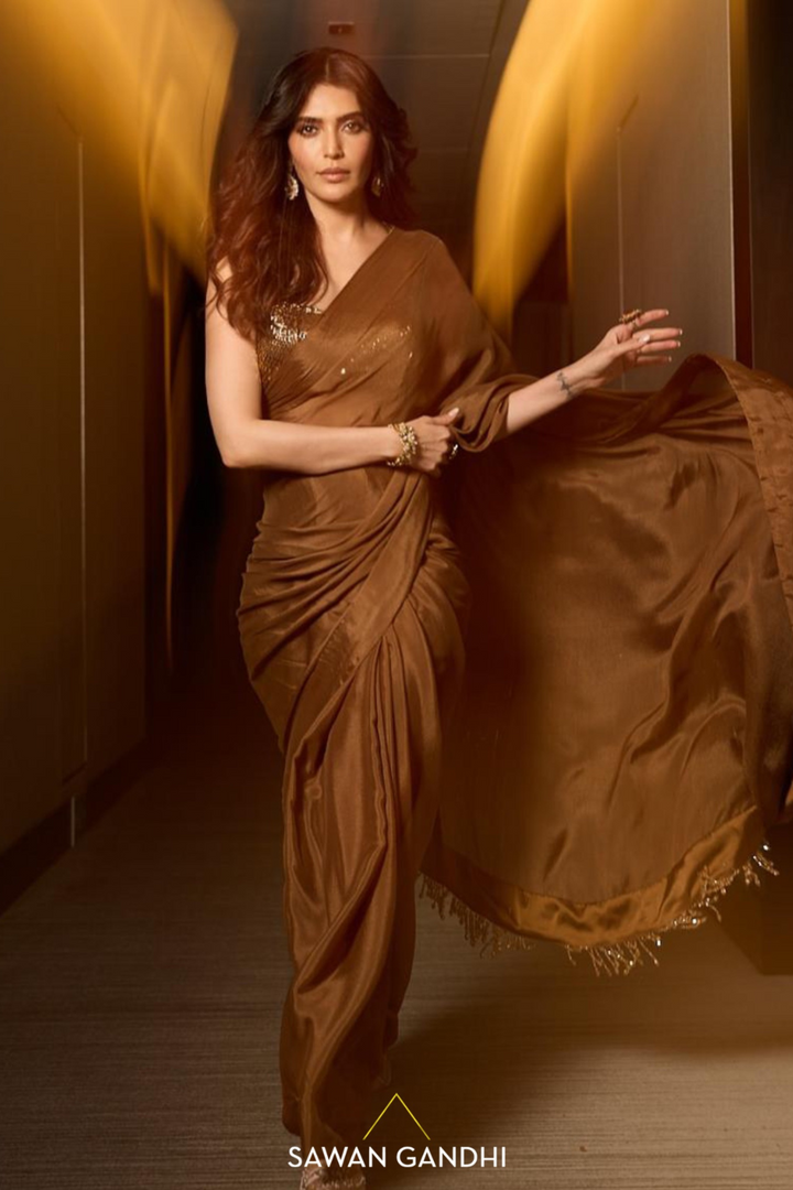 Karishma Tanna in Coffee saree with Tassels