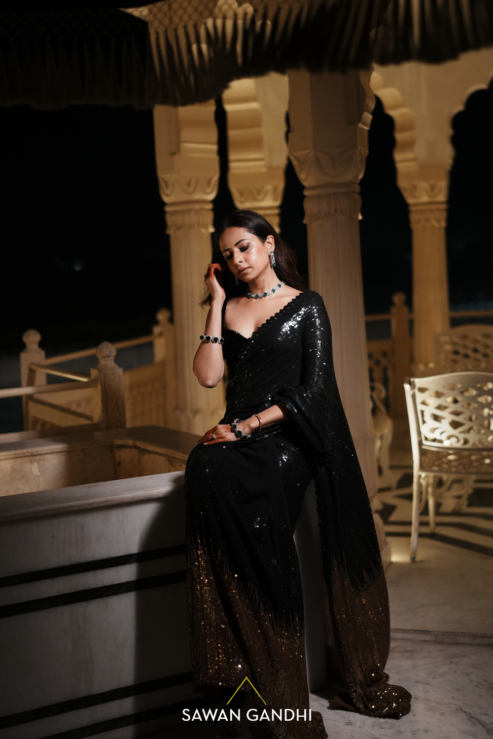Sargun Mehta in Black to Gold Sequins Saree