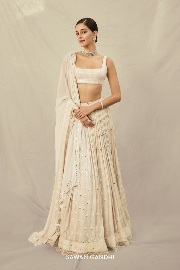 Ananya panday in Beige paani sequins mirror booti lehenga