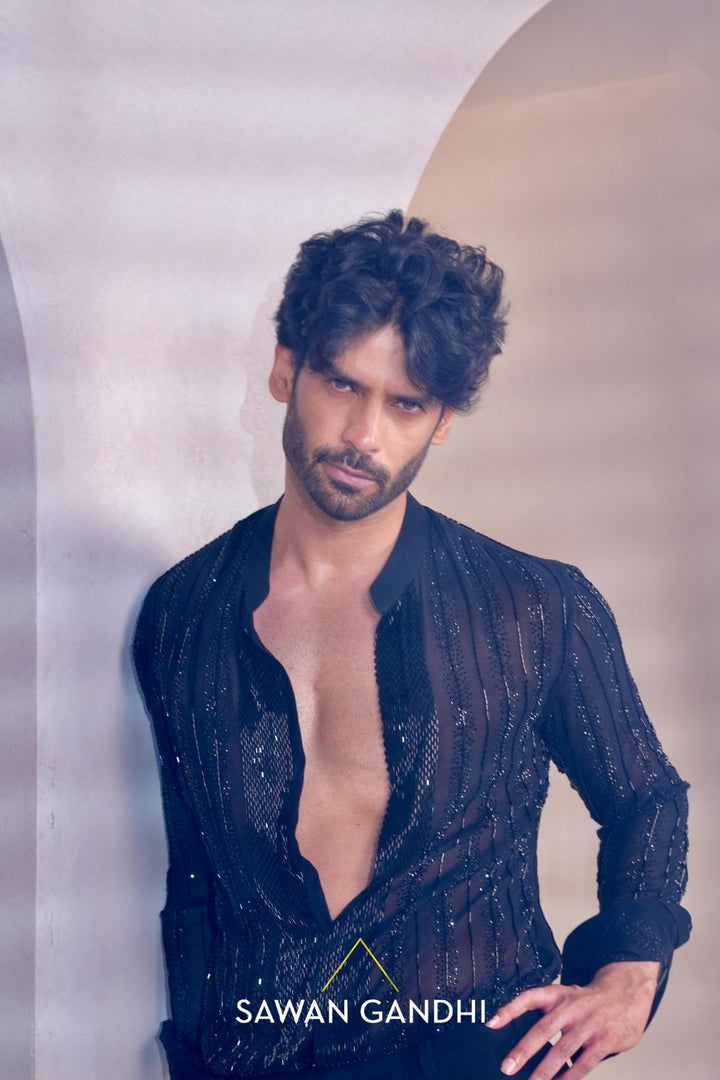 Gaurav in Black swarovski line shirt