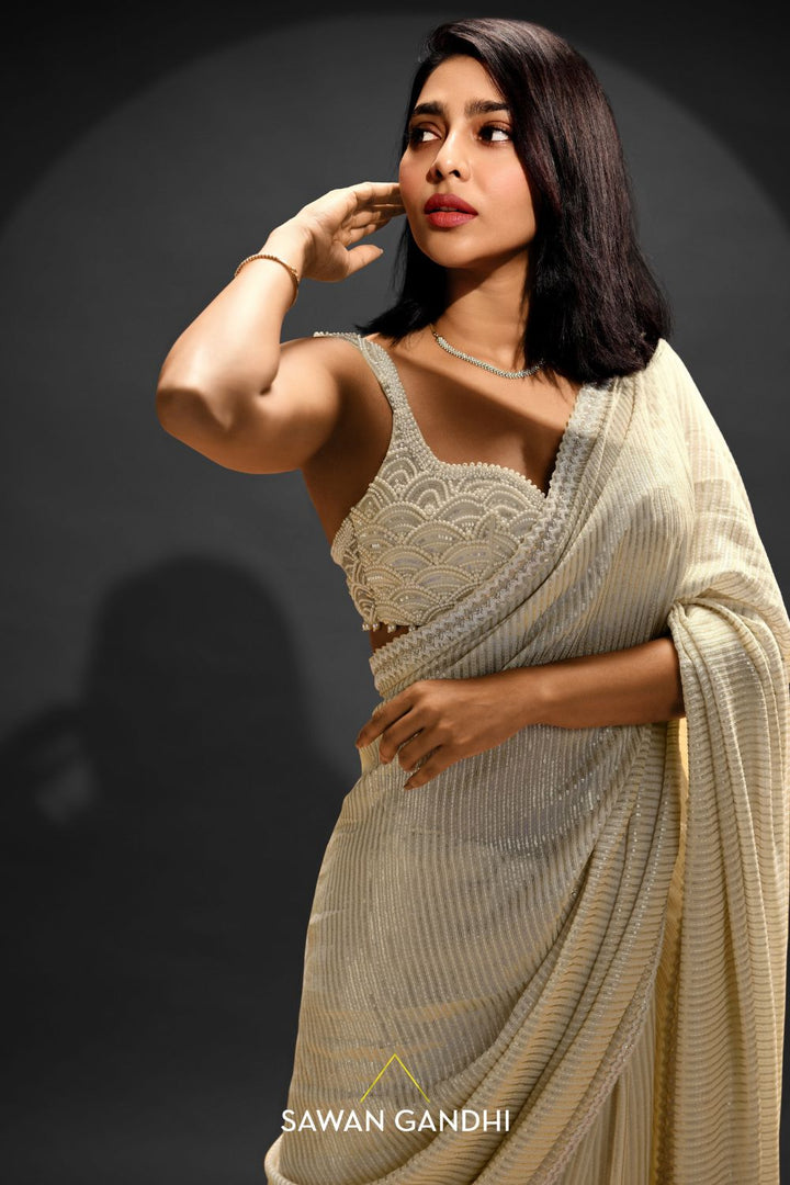 Aishwarya Lekshmi in Shimmer sequins ivory saree