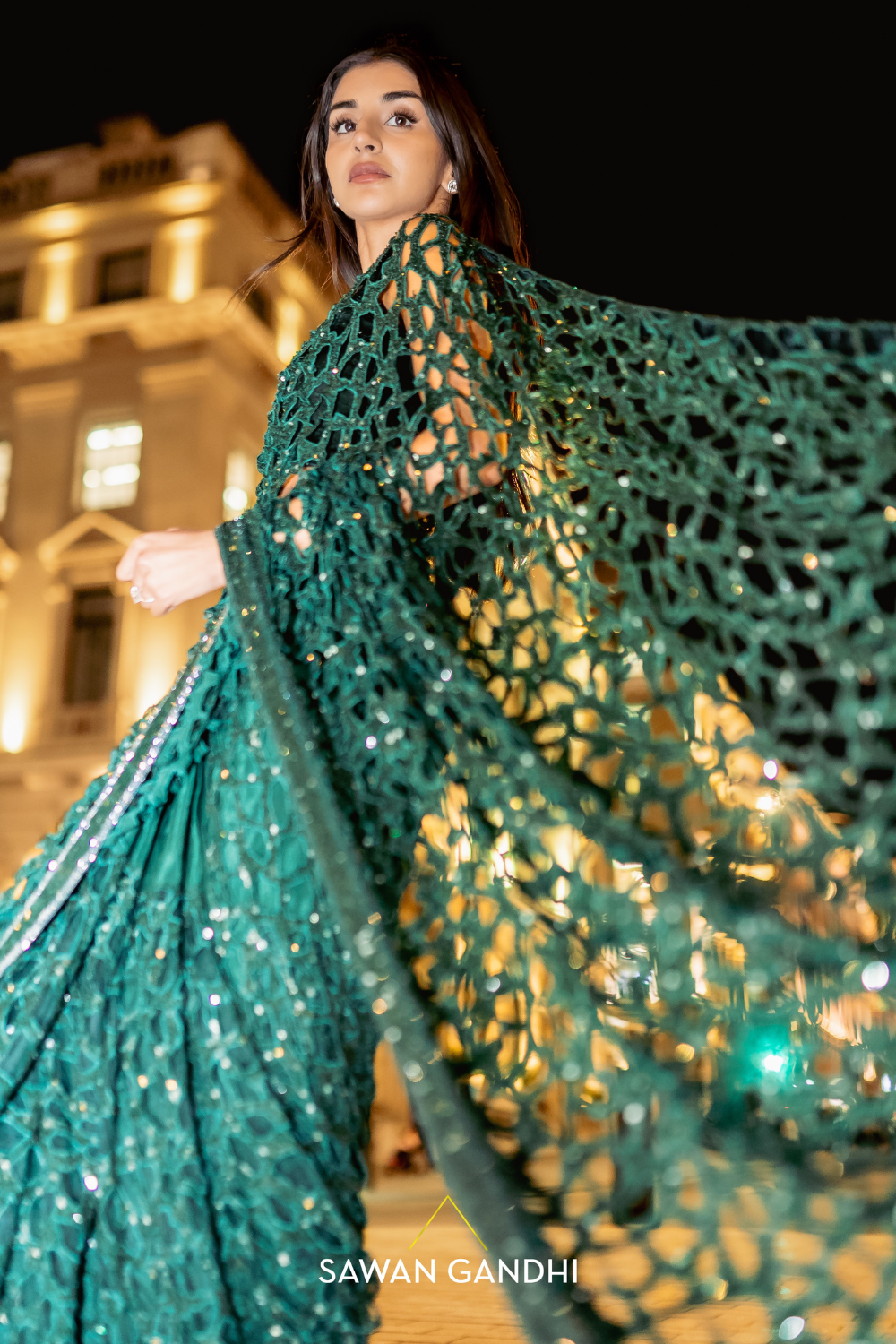 Bottle green cutwork saree