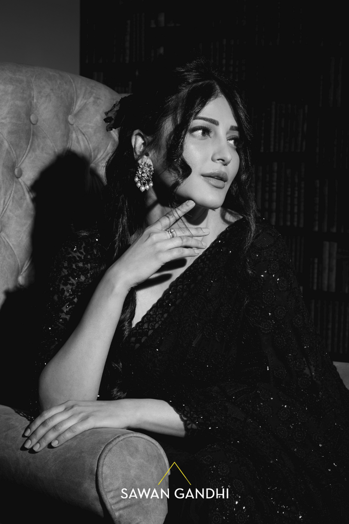 Shruti Haasan in Black Chikankari Saree