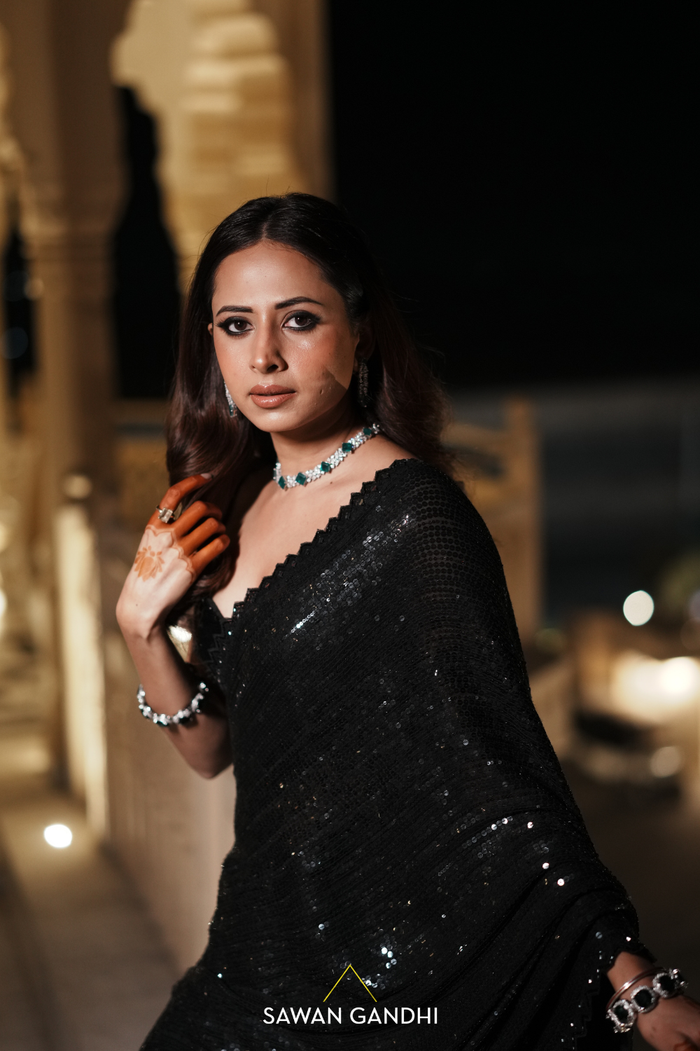 Sargun Mehta in Black to Gold Sequins Saree