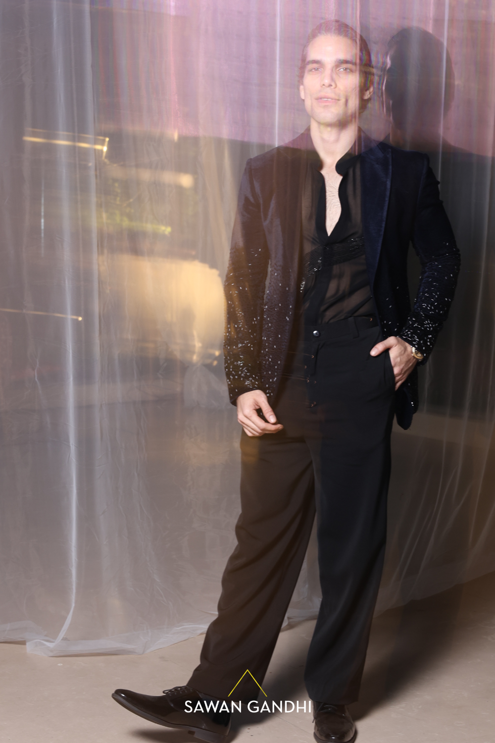 Rishab Sawhney in NAVY BLUE VELVET CUTDANA WORK JACKET
