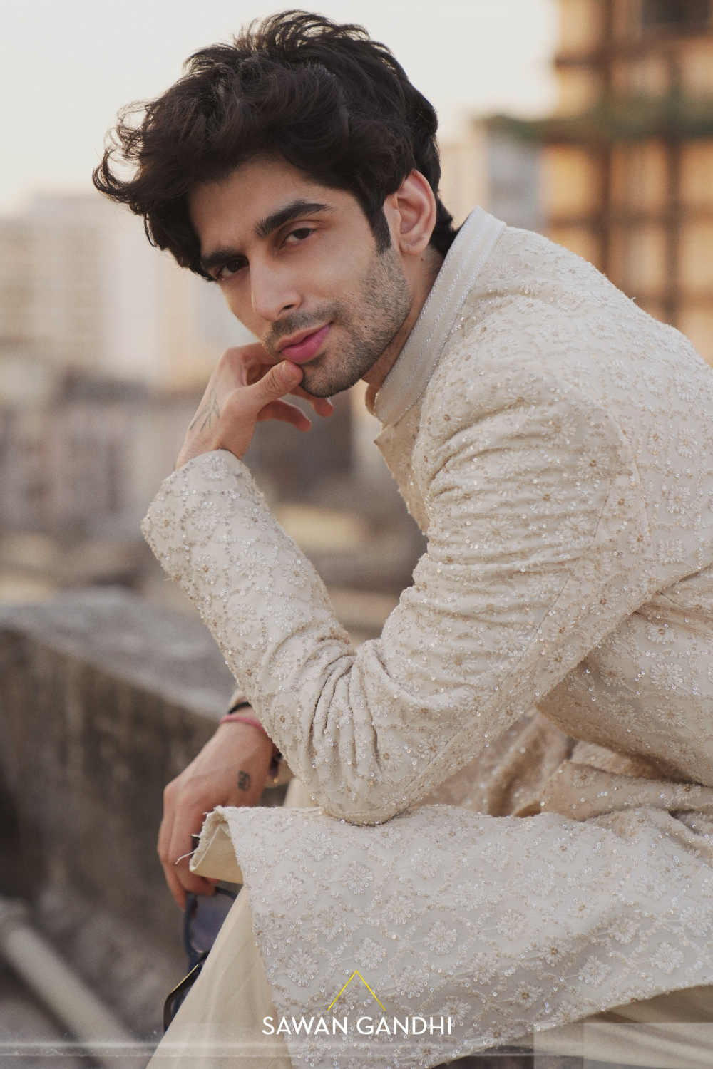 Neel Dewan in Light beige chikankari sherwani
