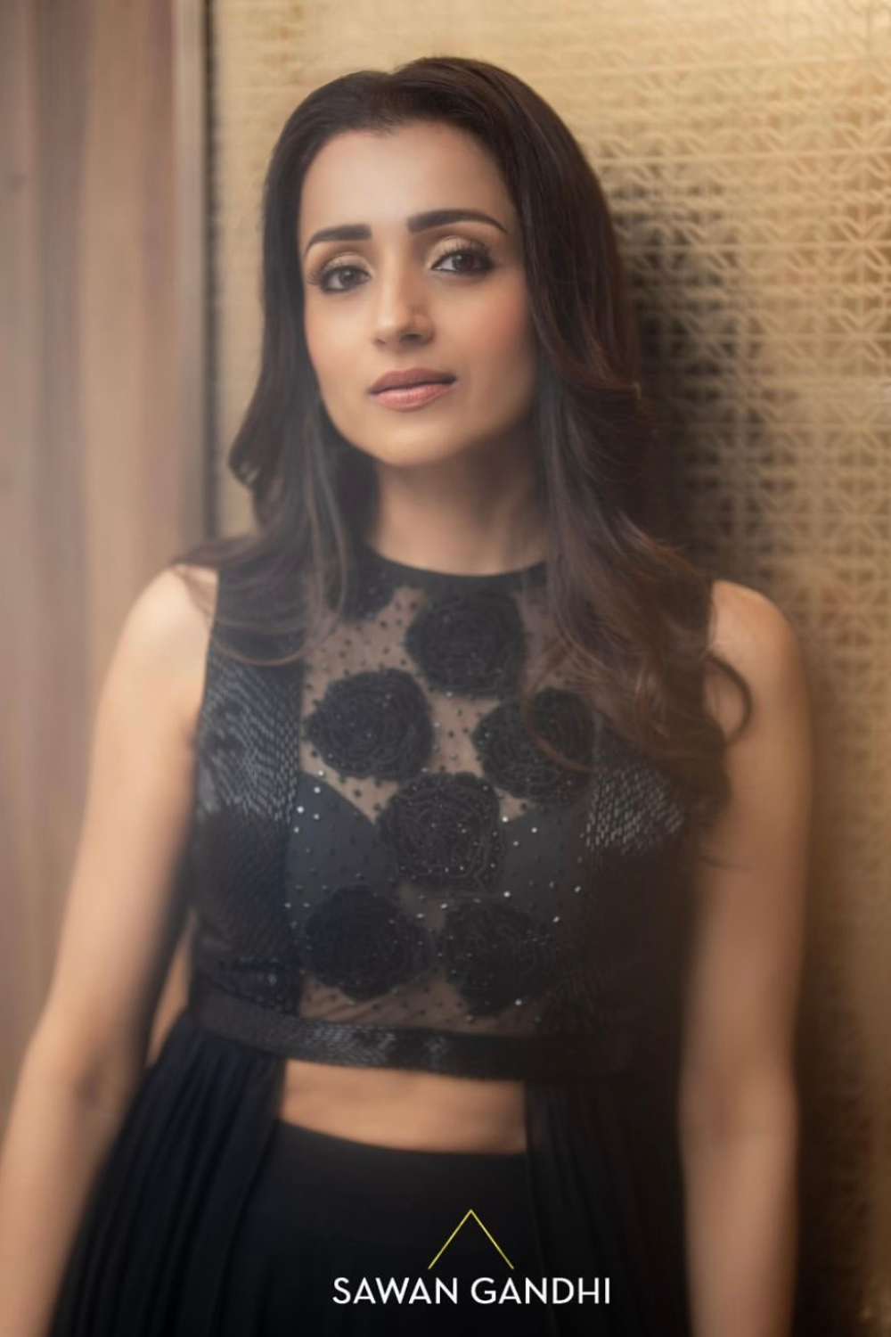 Trisha Krishnan in black drape top and pants