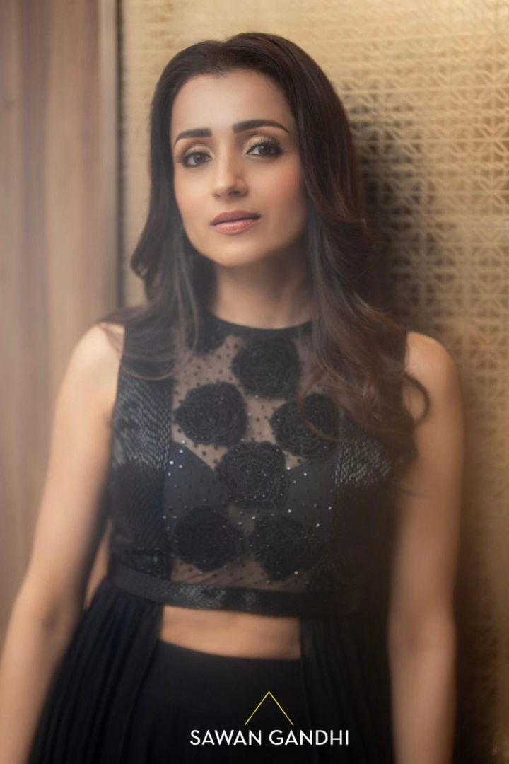 Trisha Krishnan in black drape top and pants