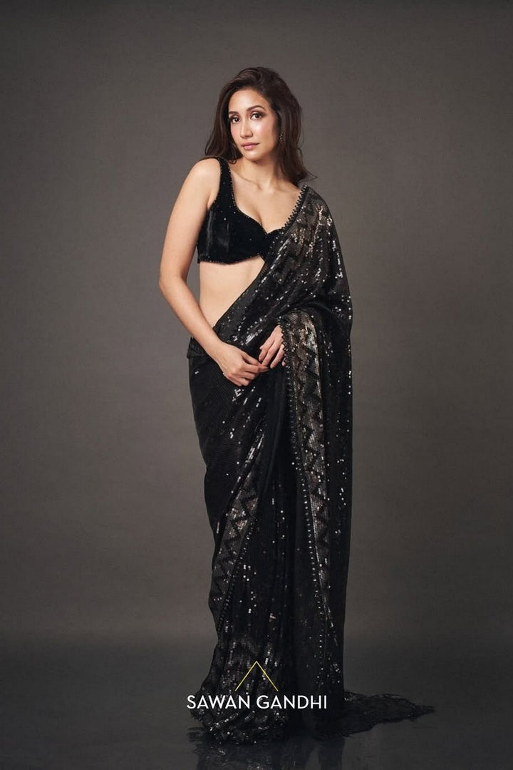 Shreya Chaudhry in Black Silver Chevron Sequin Saree