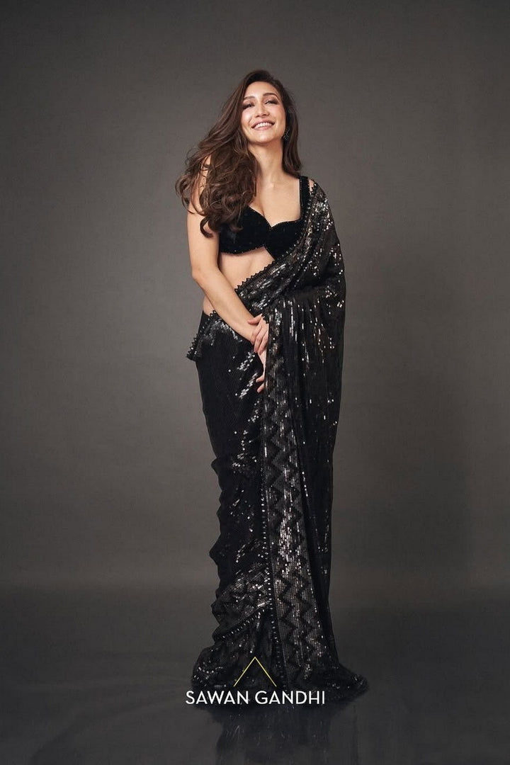 Shreya Chaudhry in Black Silver Chevron Sequin Saree
