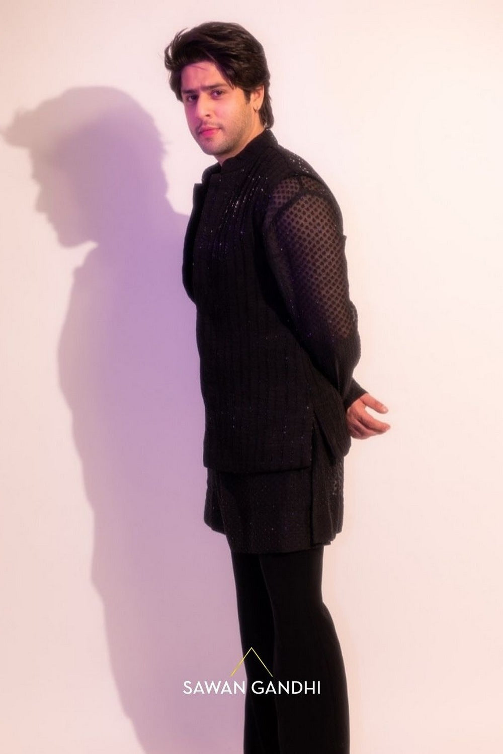 Jibraan Khan in Black Cutdana Lines Nehru With Swarosvki Kurta