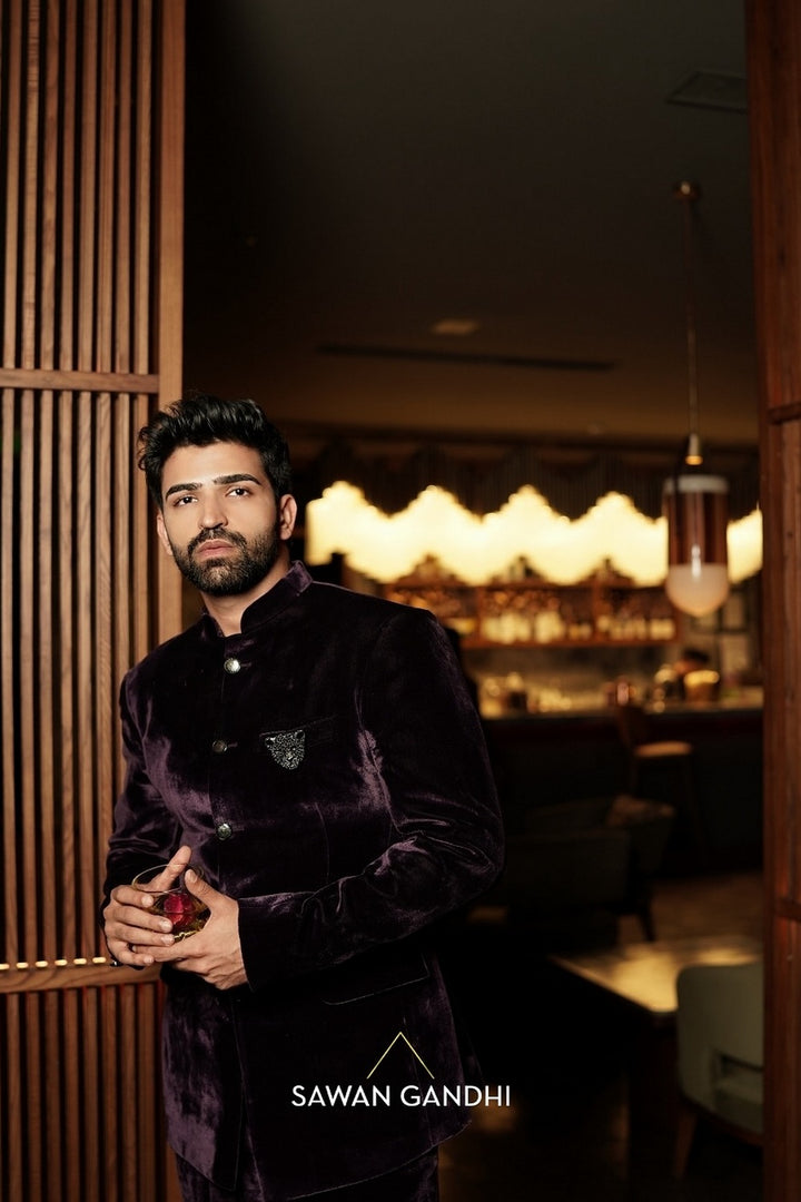 Ayaan Lal in Wine Velvet Bandhgala And Pants