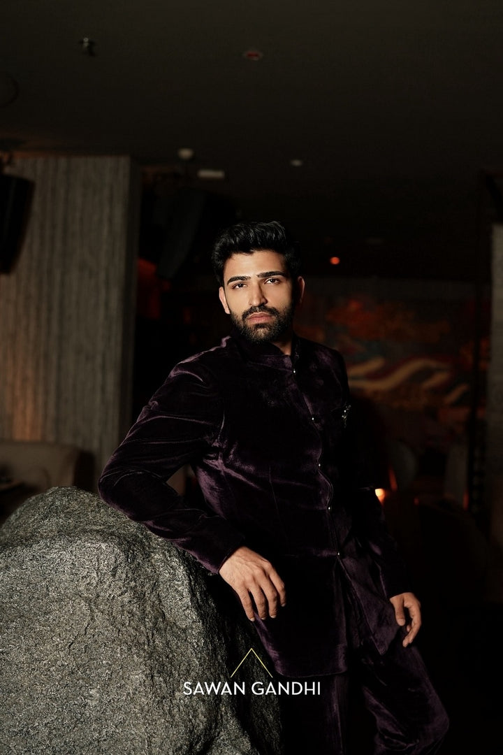 Ayaan Lal in Wine Velvet Bandhgala And Pants