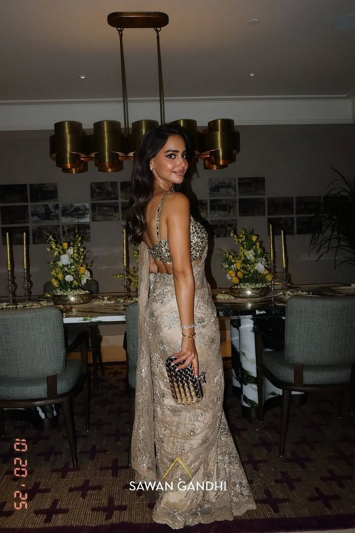 Arushi Mehra in Gold Chantley Saree