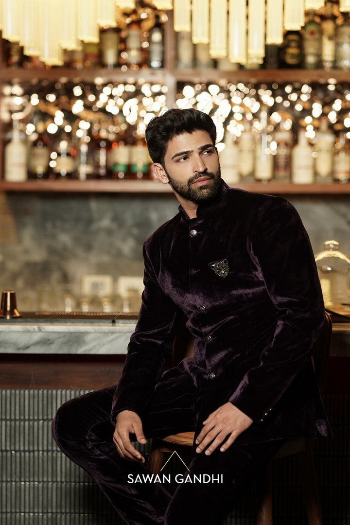 Ayaan Lal in Wine Velvet Bandhgala And Pants