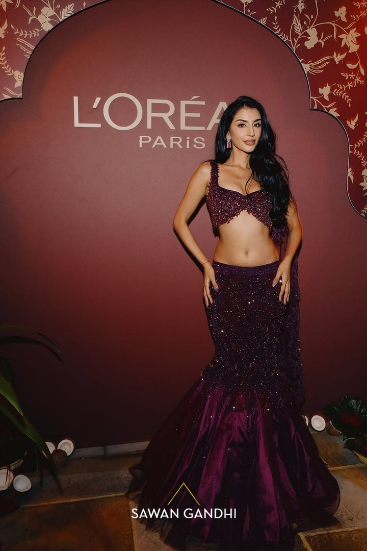 Archana Gosai in Wine Fishcut Swarosvki Lehenga