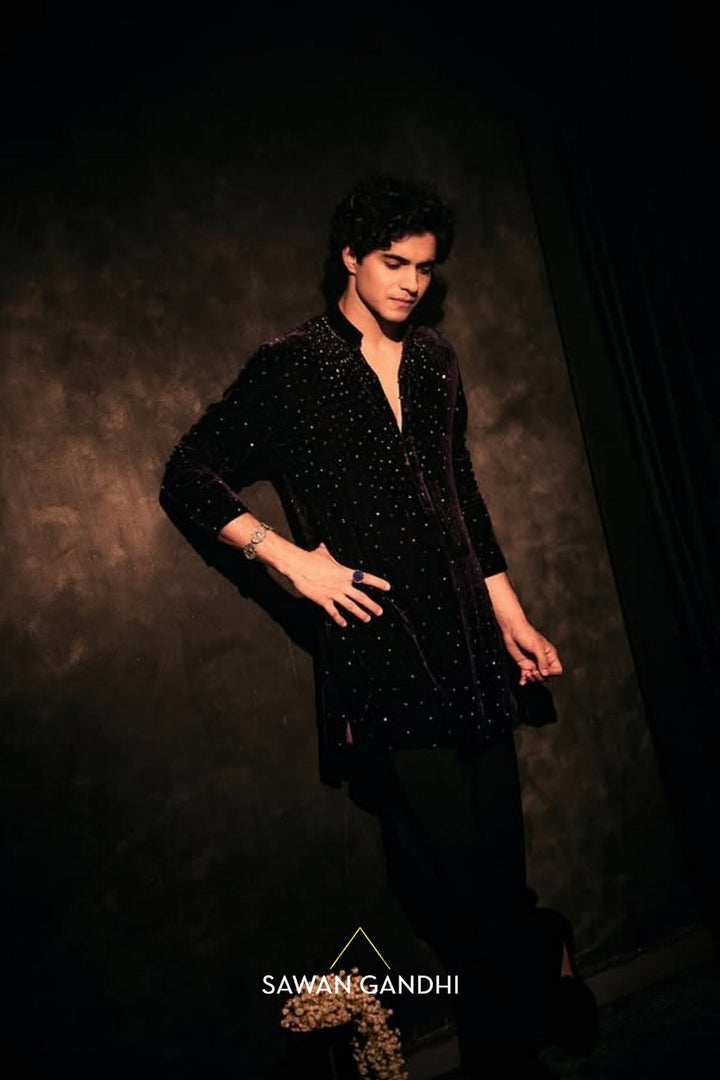Abhay Verma in Purple velvet abstract Kurta