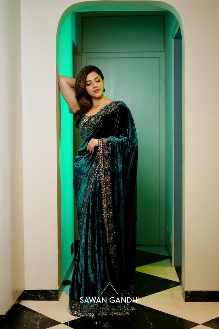 Mehreen Pirzada in Teal Velvet Saree