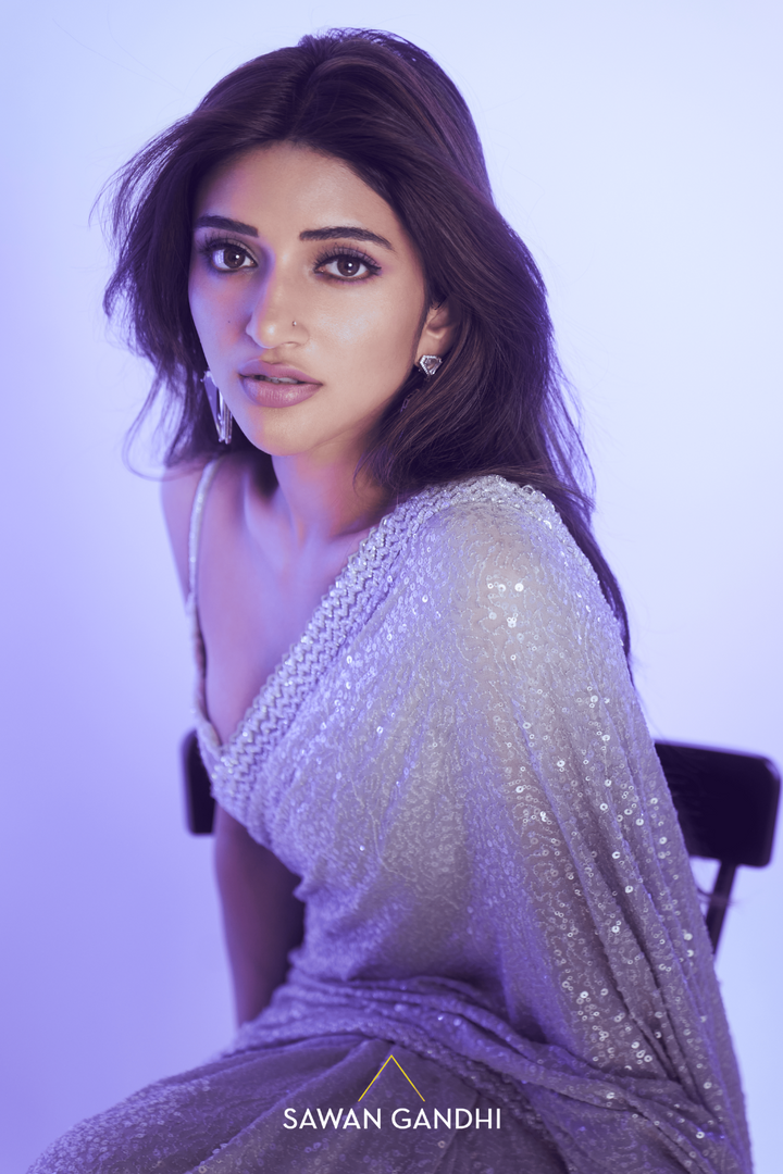Sreeleela in Grey to lilac ombre paani sequins saree