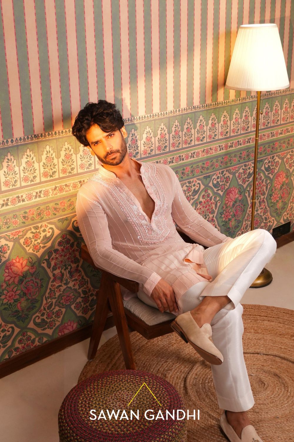 Gaurav in Peach chikankari kurta