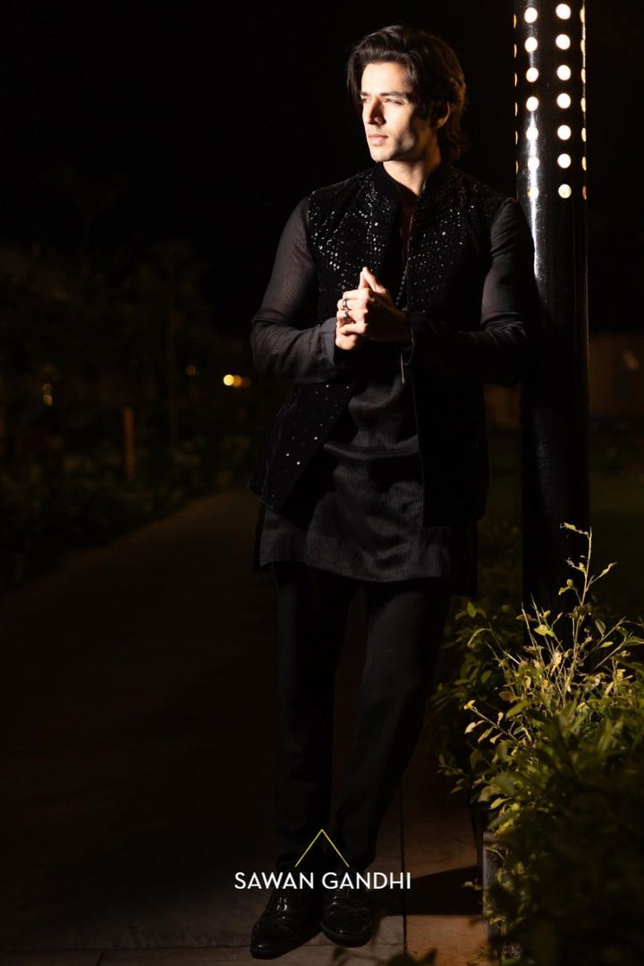 Siddharth Gupta in Black Velvet Cutdana Nehru