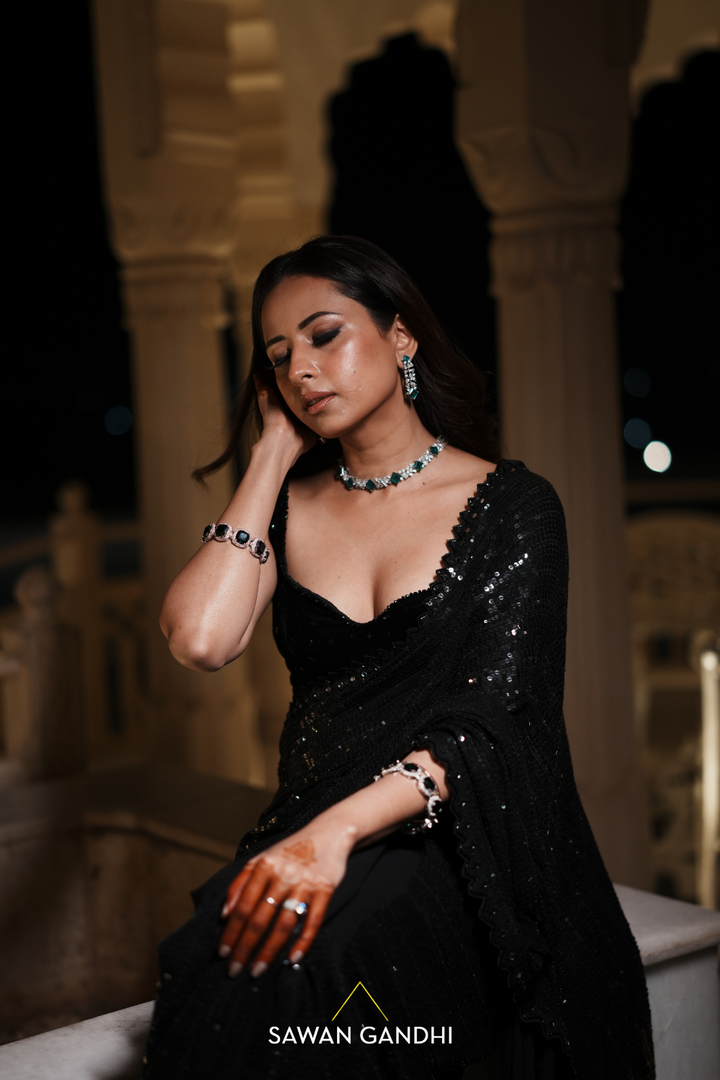 Sargun Mehta in Black to Gold Sequins Saree