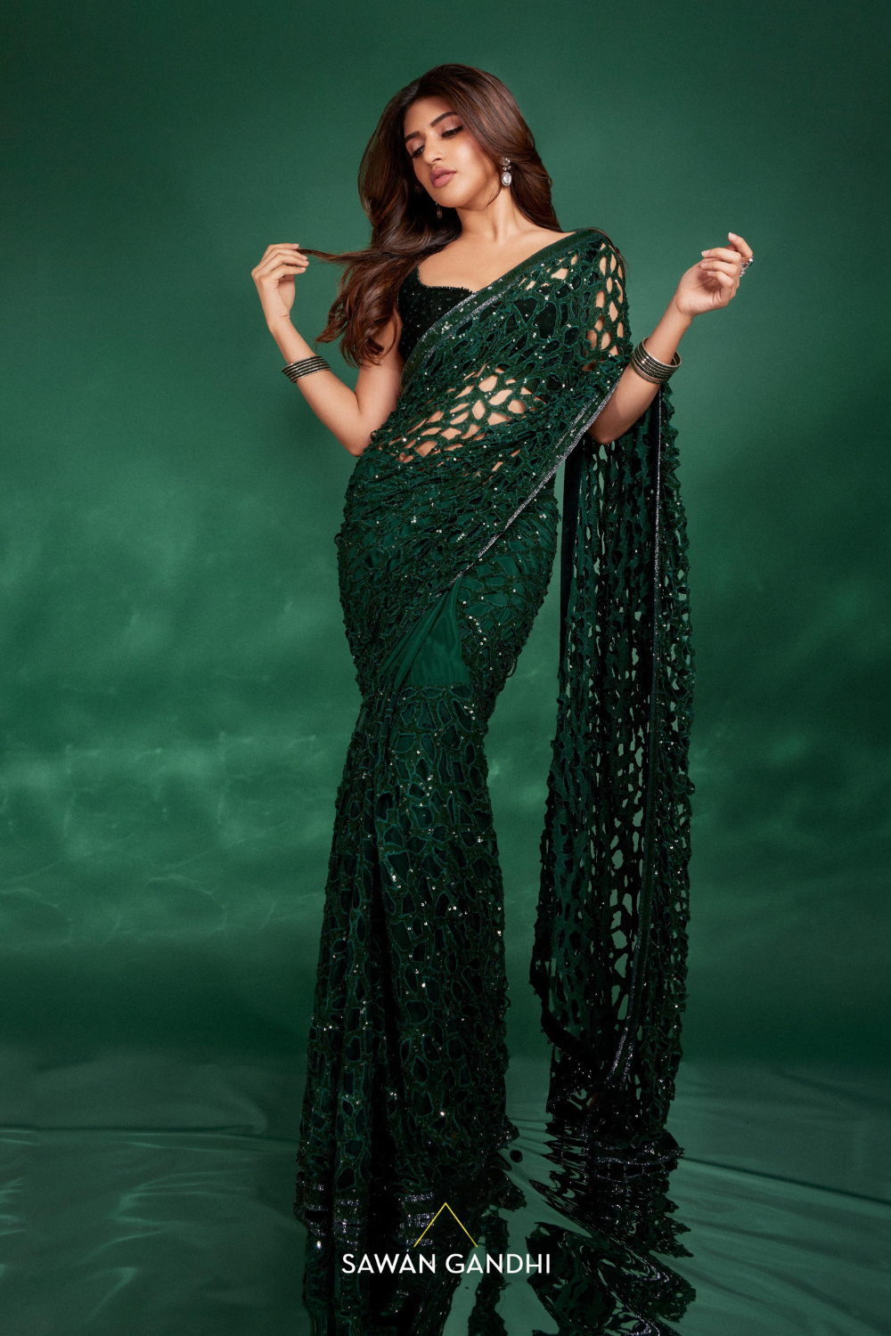 Sreeleela In Green Cutwork Saree