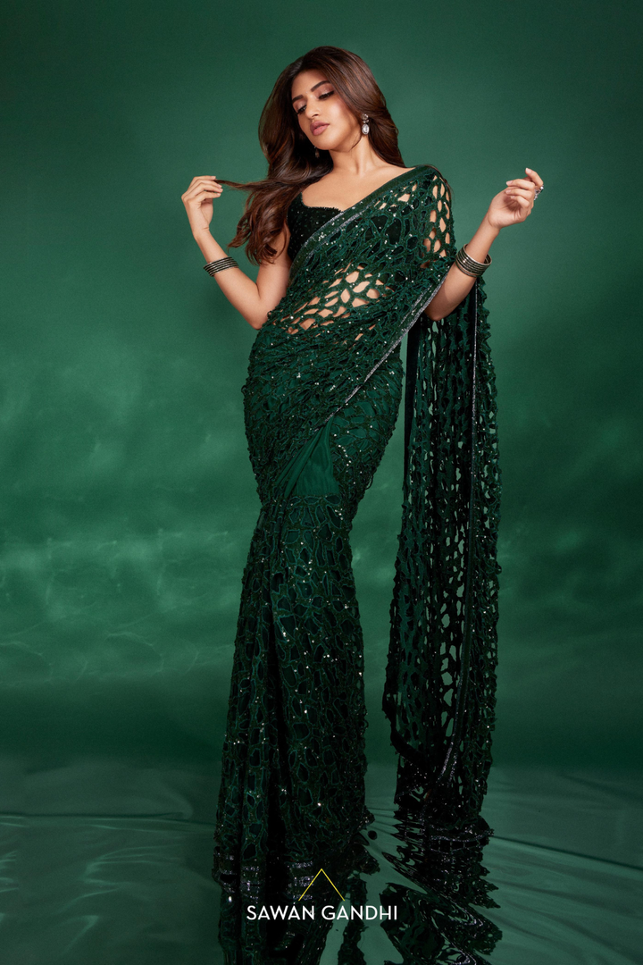 Sreeleela In Green Cutwork Saree