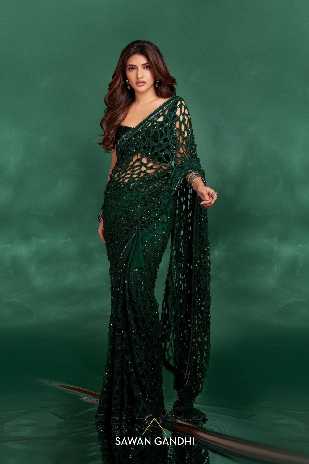 Sreeleela In Green Cutwork Saree
