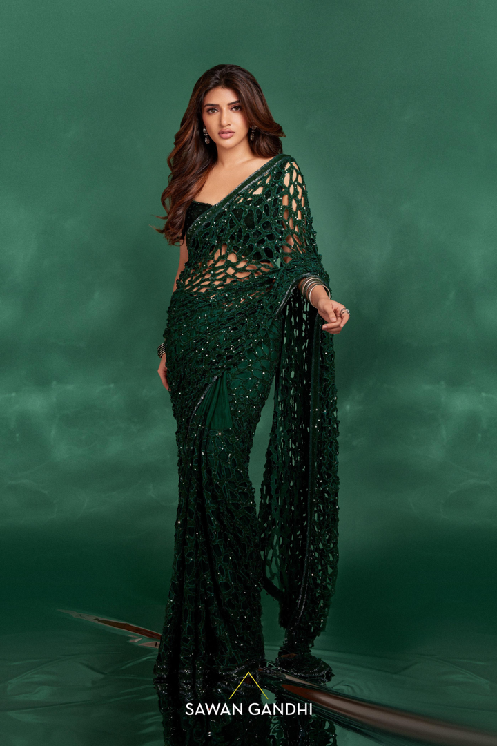Sreeleela In Green Cutwork Saree