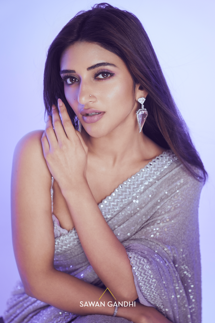 Sreeleela in Grey to lilac ombre paani sequins saree