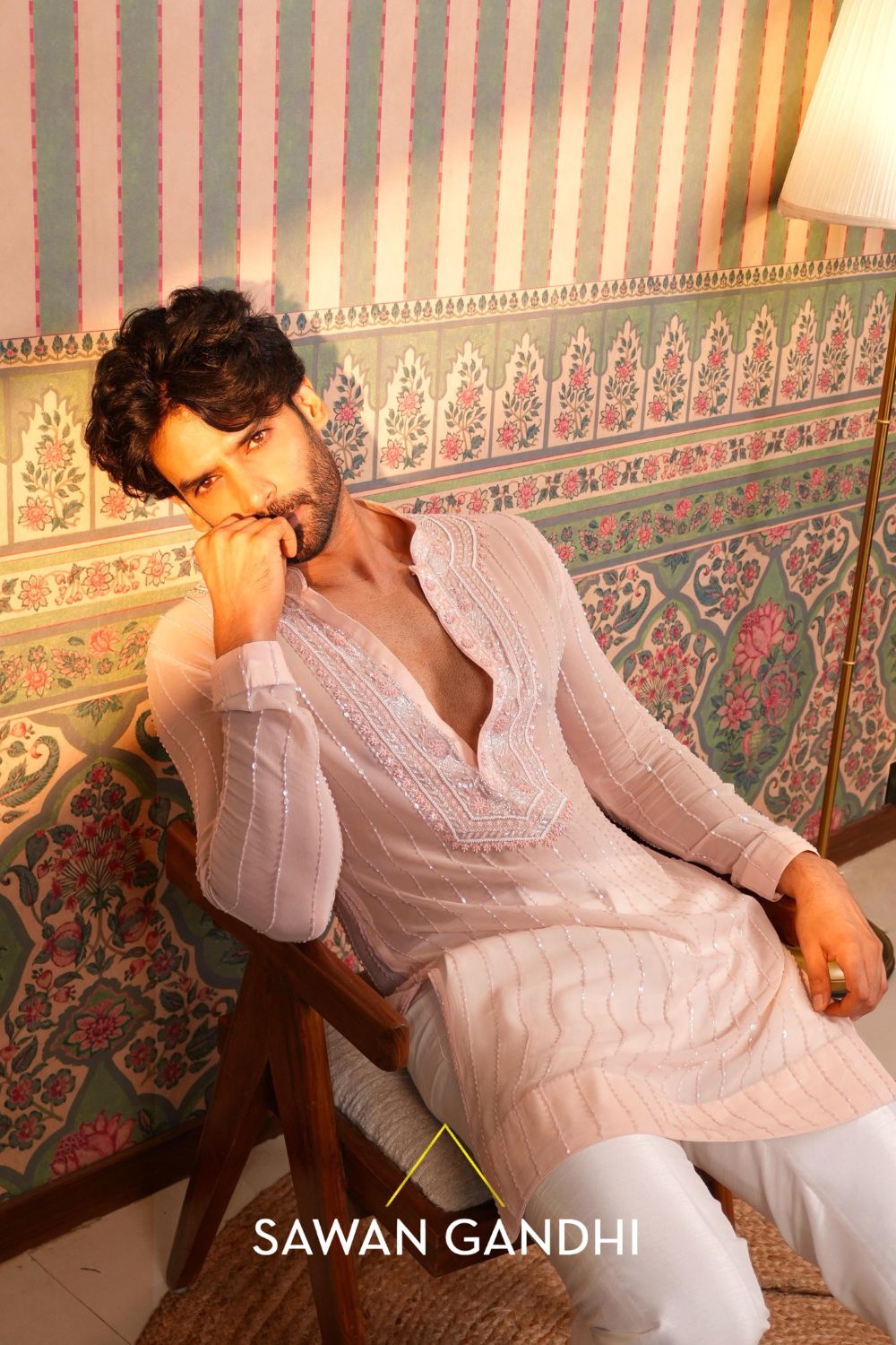 Gaurav in Peach chikankari kurta
