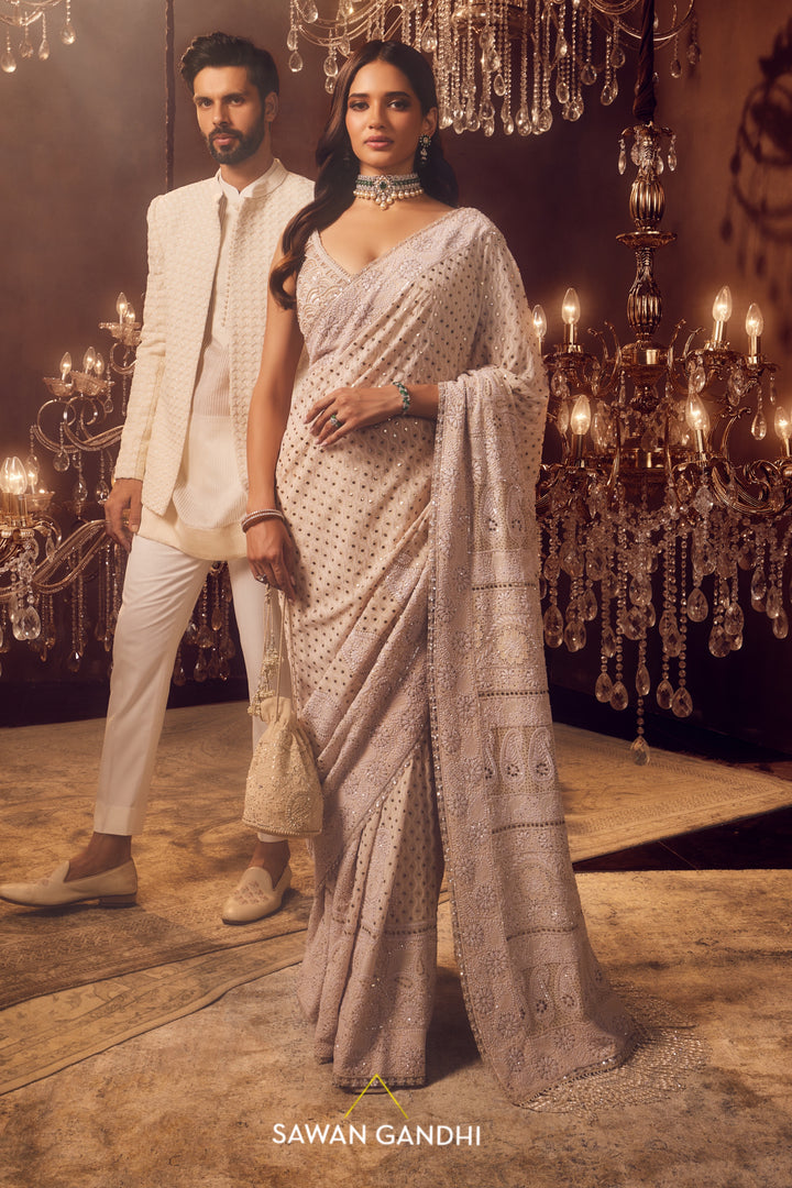 Off-white chikankari saree set