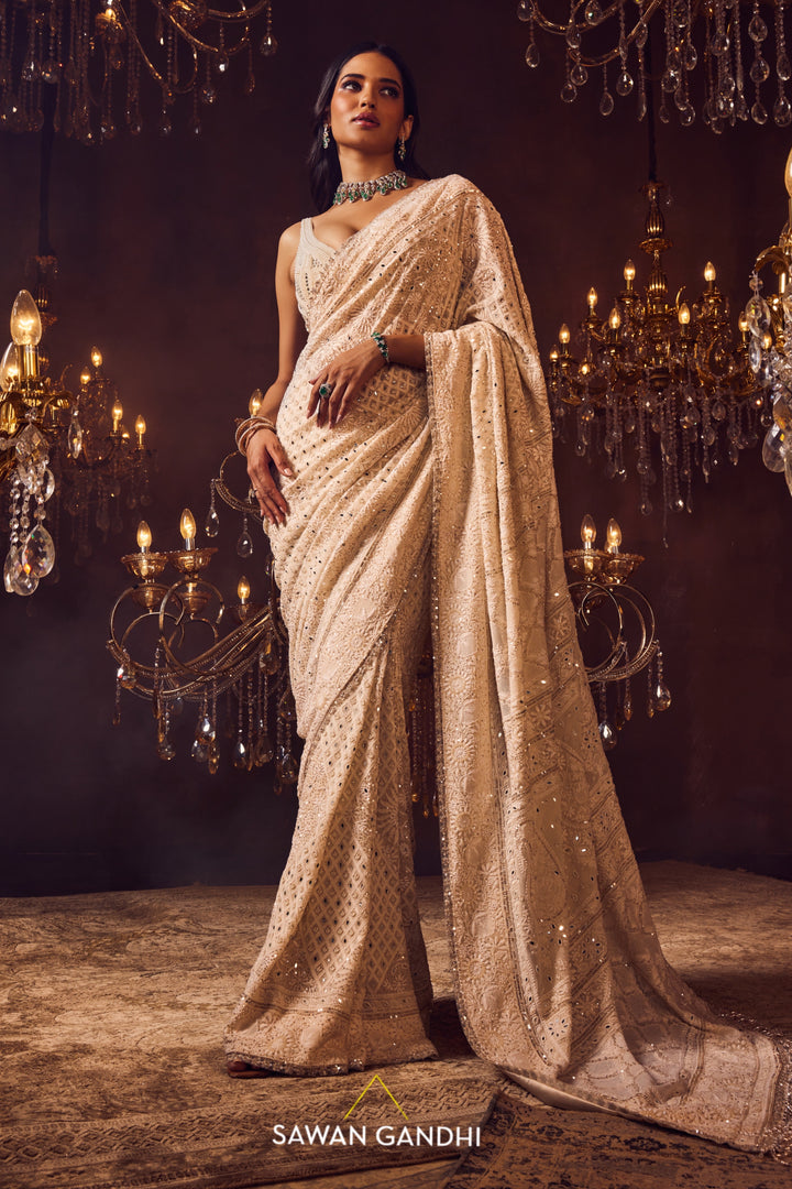 Ivory chikankari and pearl work saree