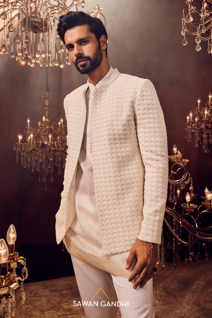 Ivory Fish scale Bandhgala set