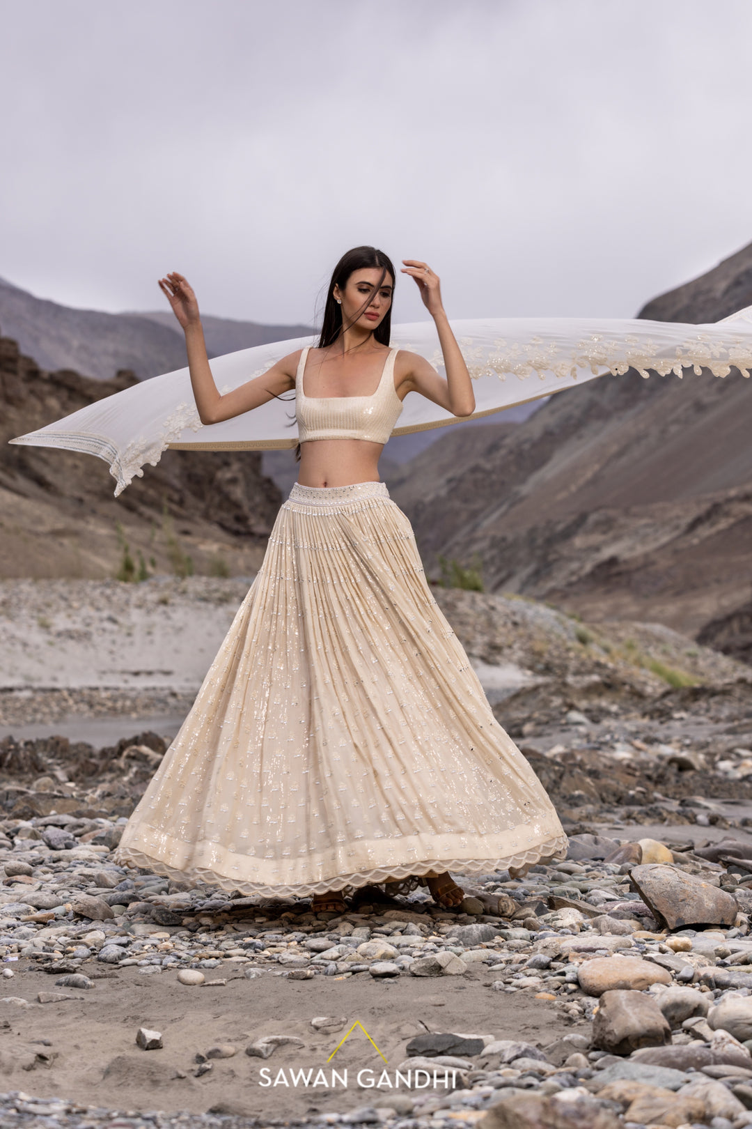 Beige paani sequins mirror booti lehenga