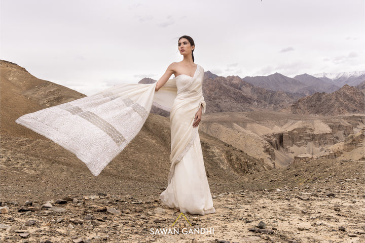 Ivory paani sequins chikankari saree