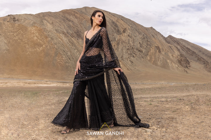 Black cutdana sequins saree