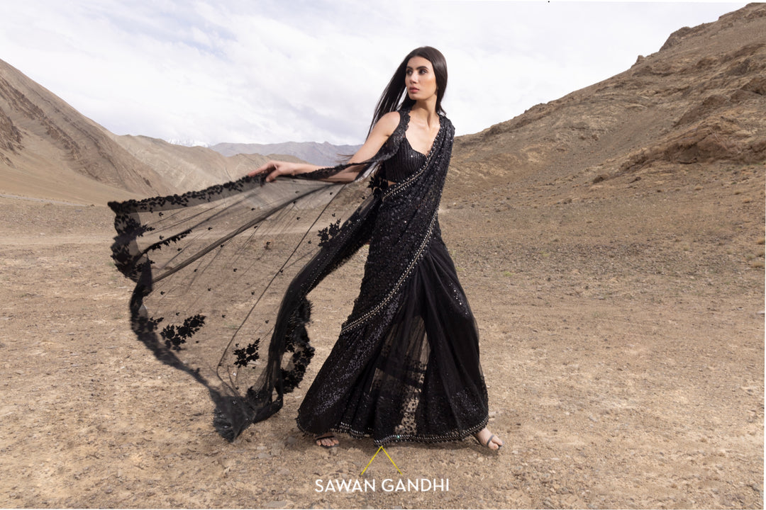 Black cutdana sequins saree
