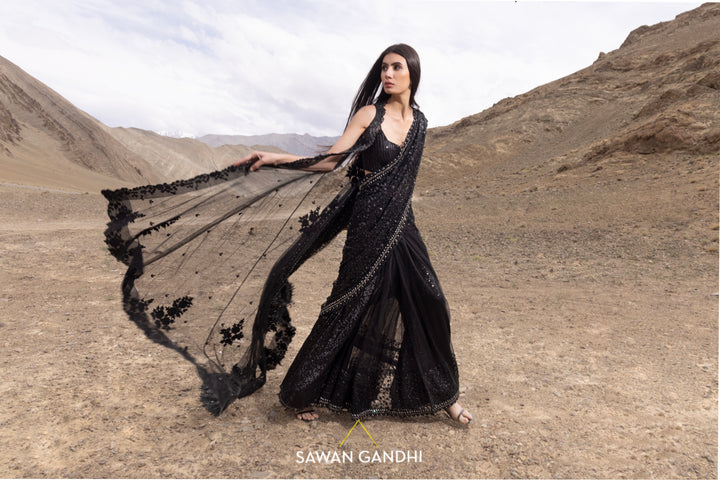 Black cutdana sequins saree