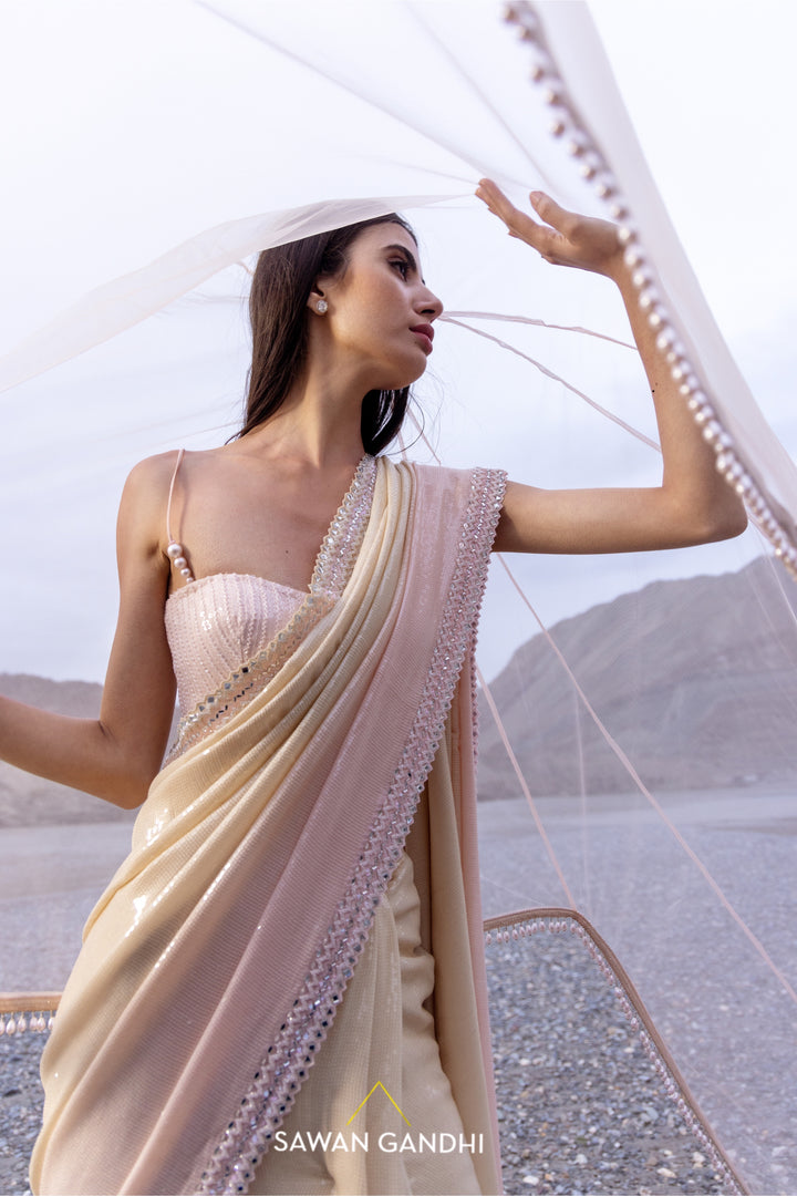 Nude to pink paani sequins ombre saree