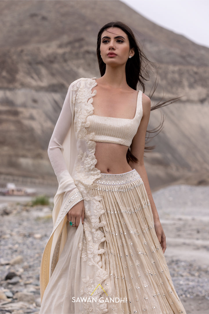 Beige paani sequins mirror booti lehenga