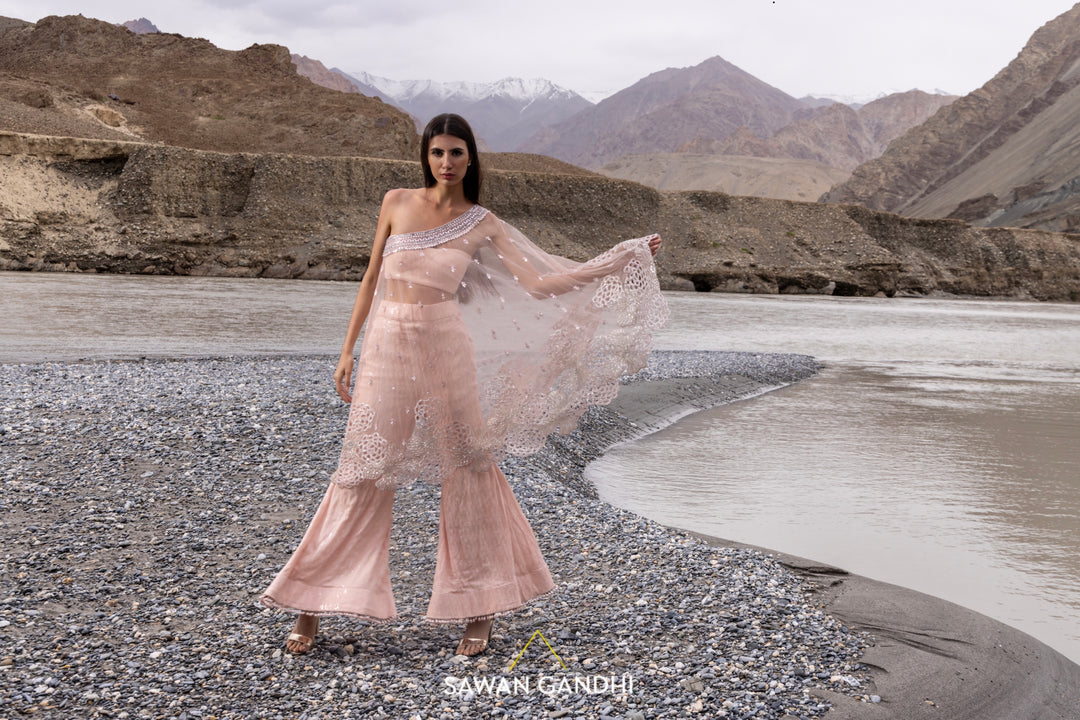 Blush pink one shoulder cape set
