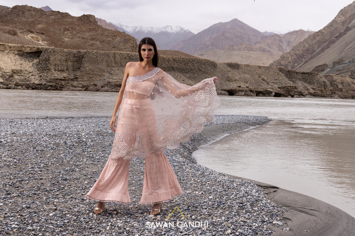 Blush pink one shoulder cape set