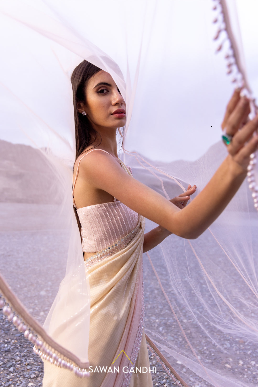 Nude to pink paani sequins ombre saree