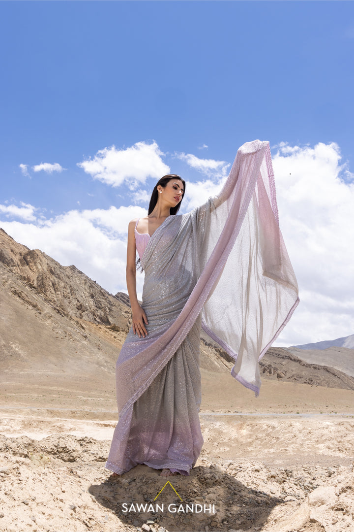 Grey to lilac ombré sequins saree