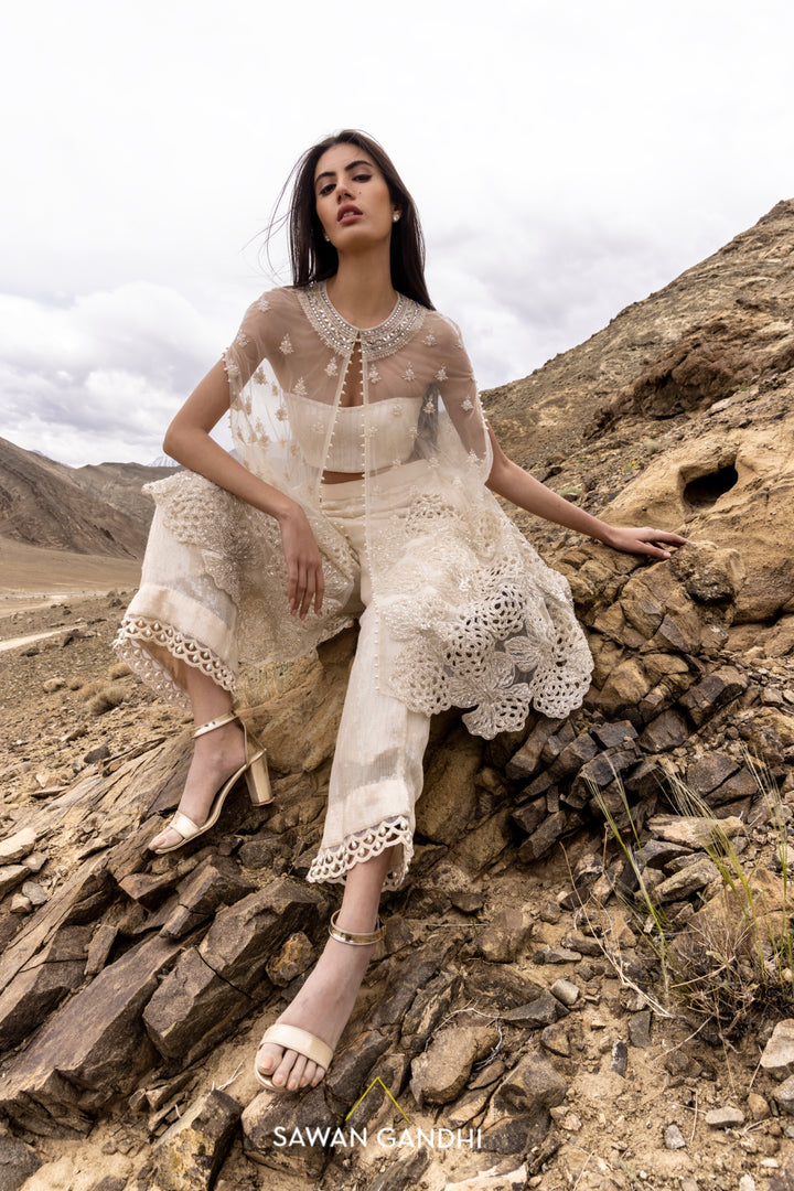 Ivory Net sequins cape set