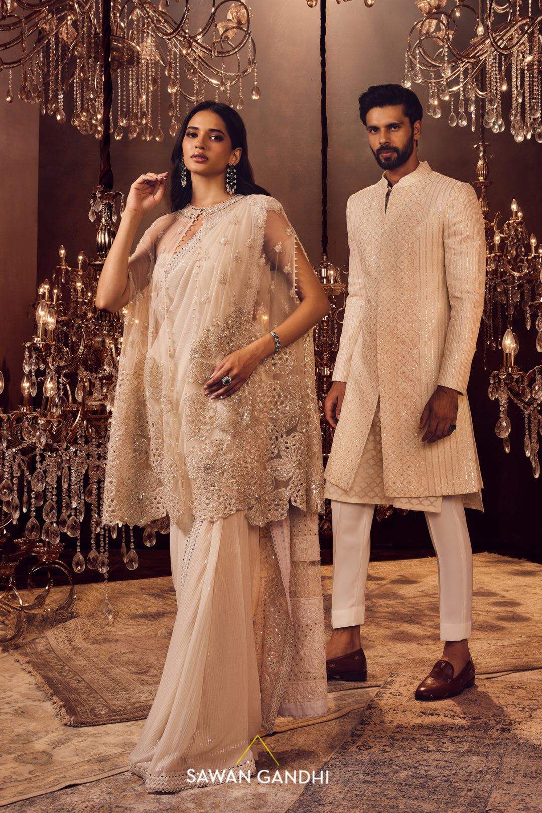 Ivory sequins chikankari saree with coral cape